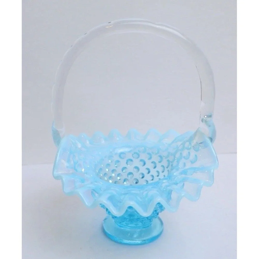 VTG Fenton Hobnail Basket Small Blue Opalescent Glass Ruffled Edge Collectible